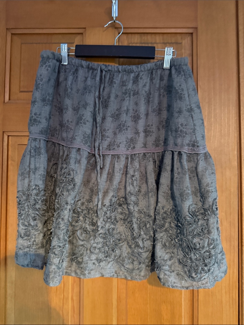 True Grit Gray Tiered Skirt with Floral Embroidery